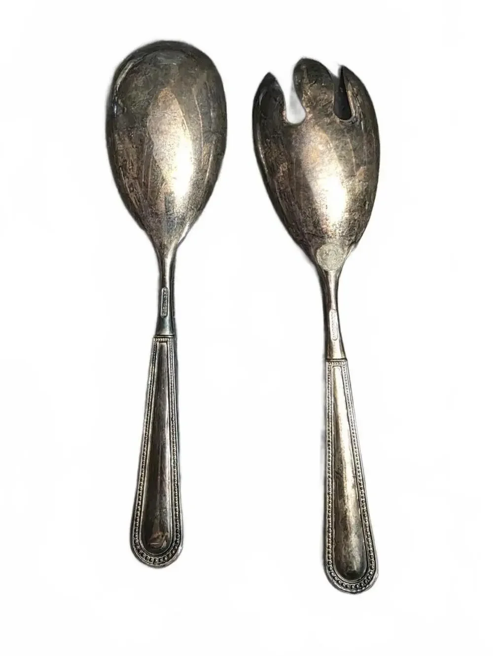 Vintage Godinger Silver Plated Salad Serving Set Spoon Fork Beaded Flutes Pearls
